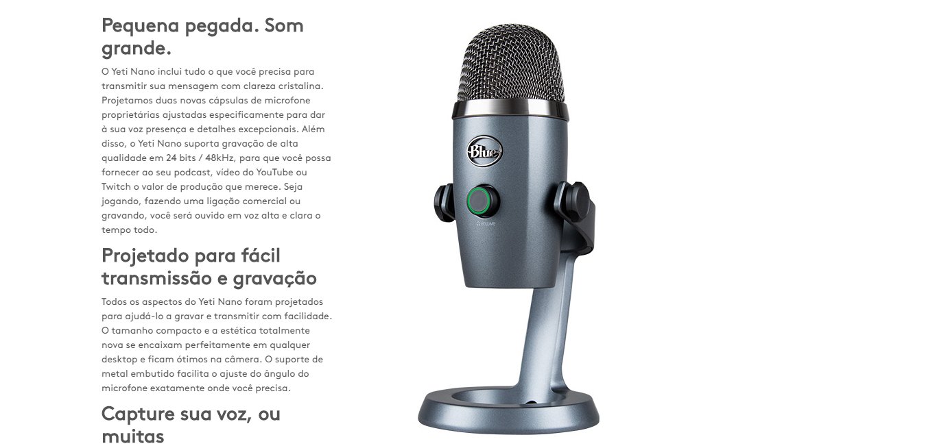 Microfone Condensador USB Logitech Blue Yeti Nano Cinza
